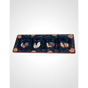 Susan Winget Sunrise Roosters & Sunflowers Blue & Yellow Relish Ceramic Tray